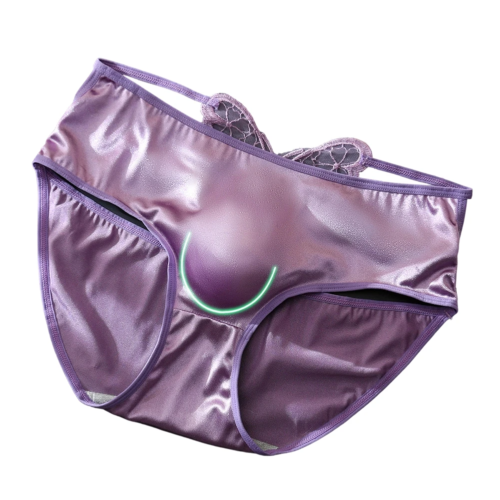 Men's Satin-like Briefs With U-Convex Pouch Breathable Embroidered Low Waist Underwear For Sissy Crossdresser Purple