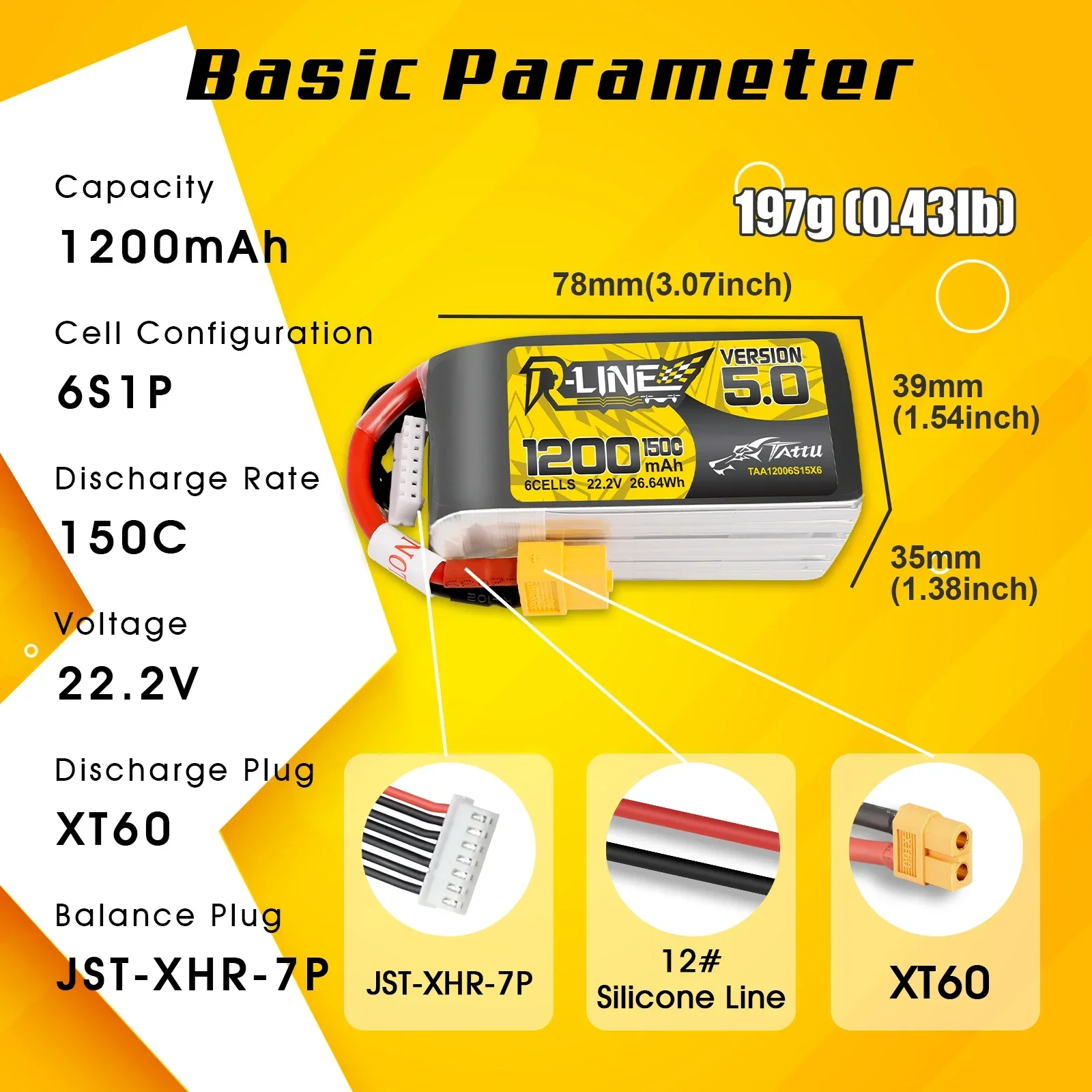 Tattu R-Line 1200Mah 6S Lipo Batterij 22.2V 150c Xt60 Plug Rc Power Voor 5-Inch Vliegtuigen Fpv Racing Multirotor Quadcopter Frame