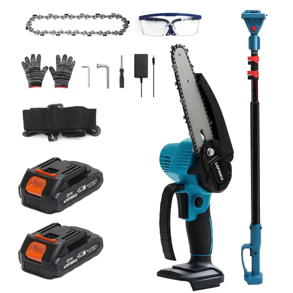 2-in-1 Cordless Pole Saw & Mini Chainsaw with 2 Batteries Tree Trimming Blue