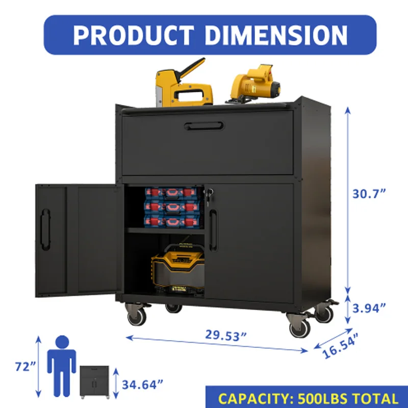 Gabinete de herramientas de metal resistente y duradero para garaje con ruedas - Gabinete de almacenamiento móvil resistente