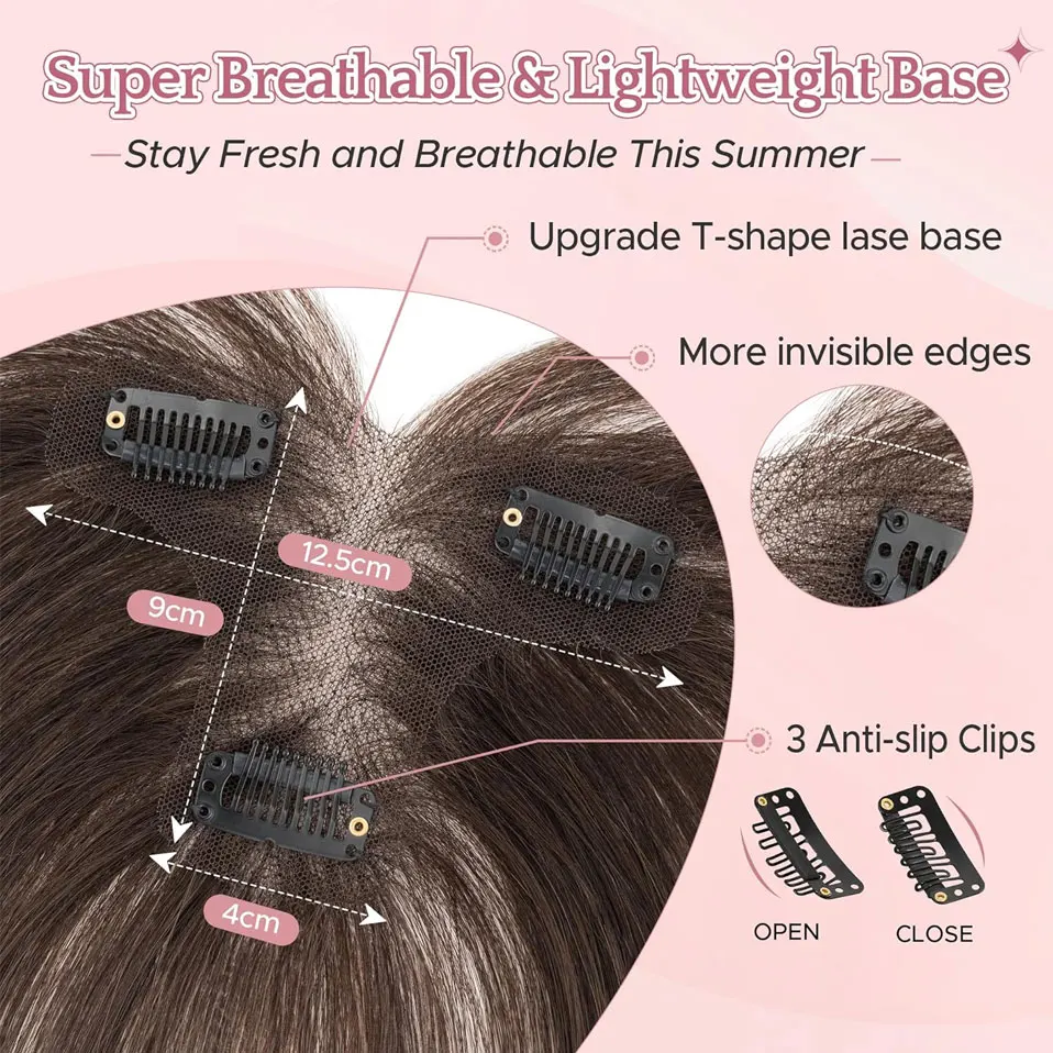 S-noilite Hair Toppers for Women Real Human Hair with Side Bangs Invisible  Hand-tied Base Fluffy Clip in Top Hairpieces