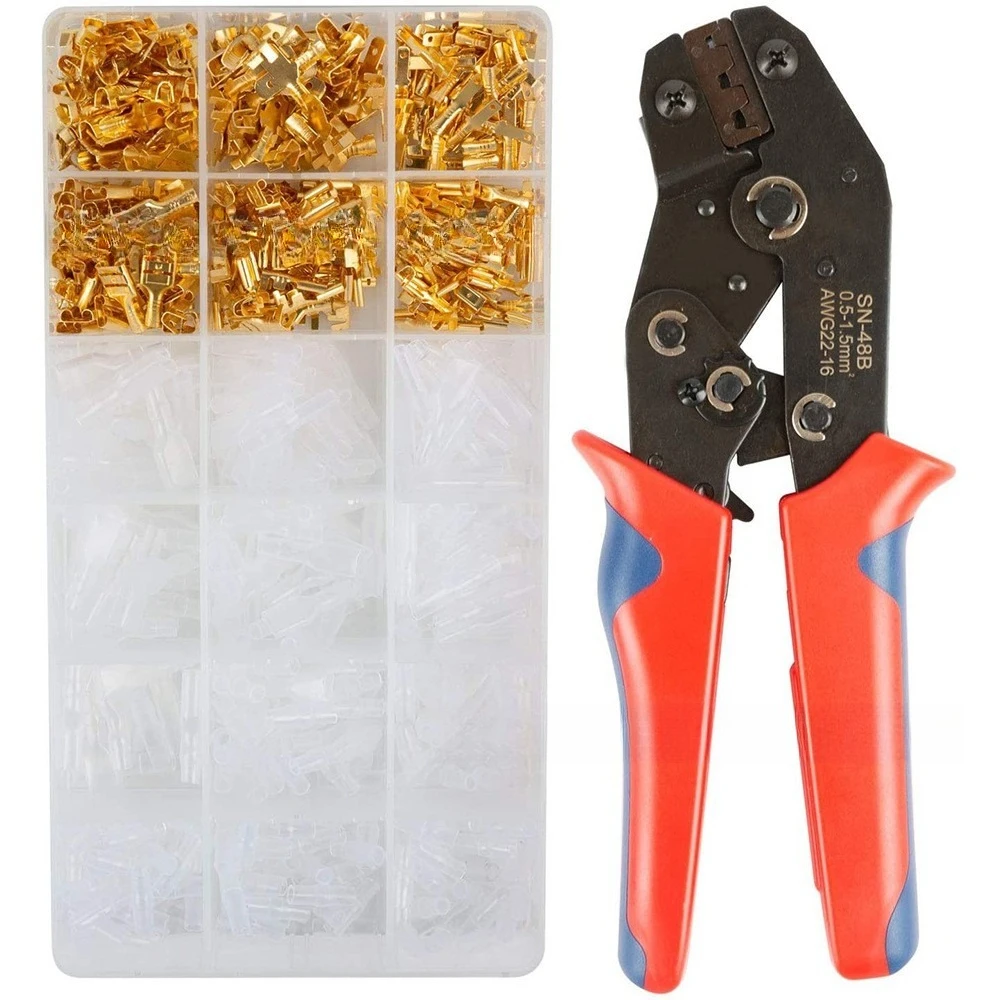 600Pcs Copper Male Female Quick Disconnect Spade Terminals Kit, Wire Crimp Connectors with Crimping Pliers in Storage Box