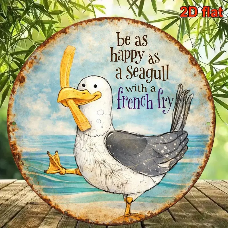 2D Humorous Wooden Round Disk Home Decor Simple Cute Seagull French Fries Design Ideal Restaurant Bar Balcony Party Decor 1PCS