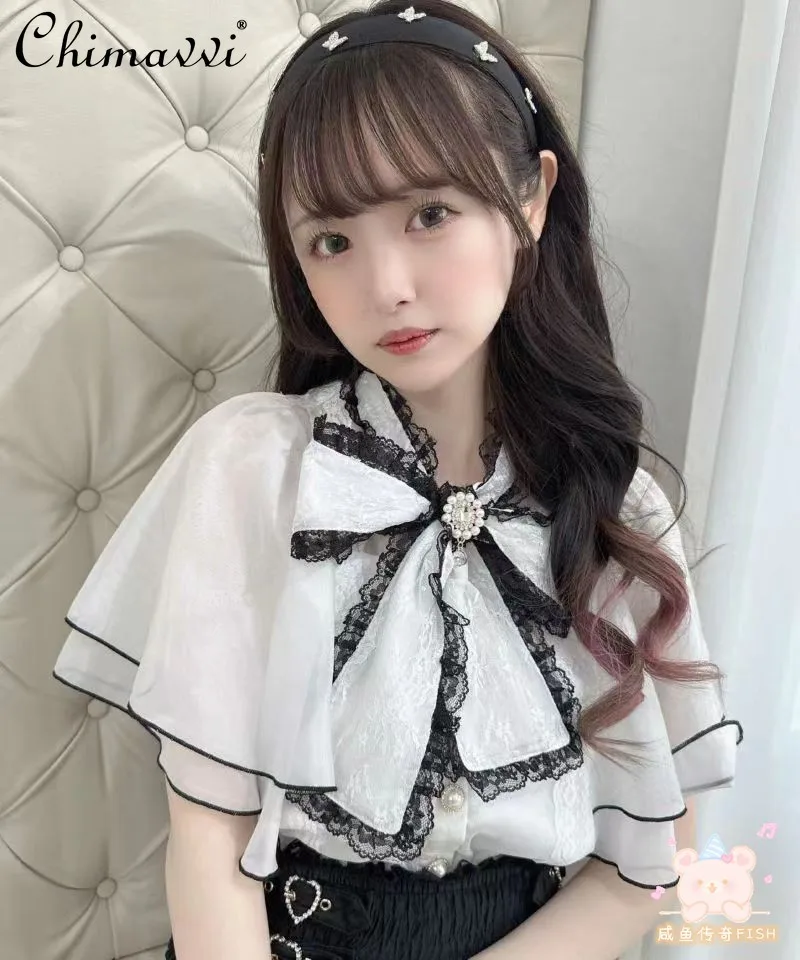 Japanese RJ New Sweet and Cute Big Bow Rhinestone Flying Sleeve Commuter Shirt Girl Women's Mass Production Daily Lolita Blouse