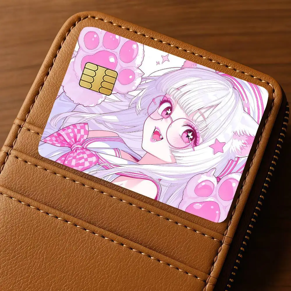 Anime Cute Cat Kitty Girl Credit Skin Cover Card Stickers 4PCS Film Bus Pass Front Decoration Bank Debit Waterproof