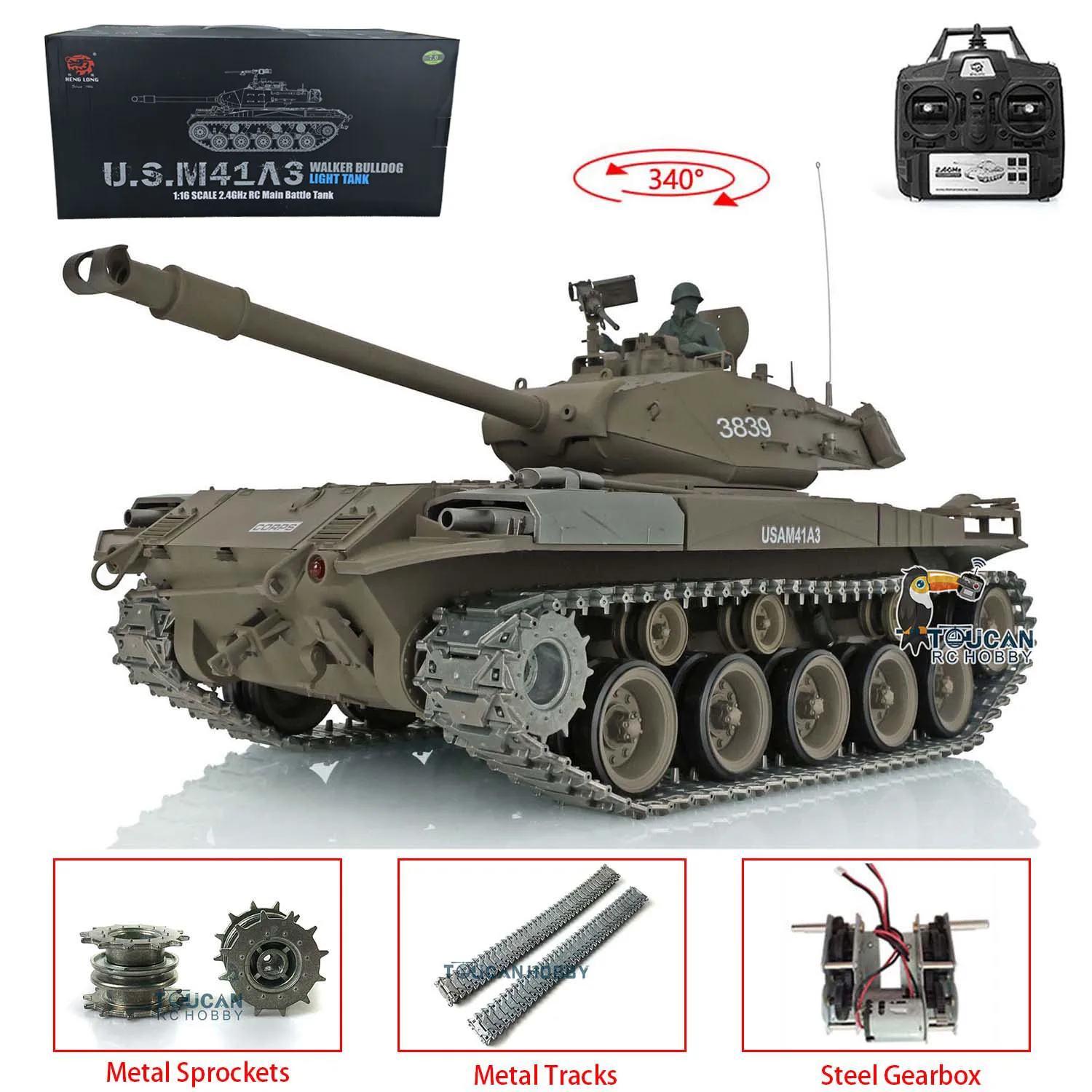 1/16 HENG LONG Scale 7.0 Upgraded Walker Bulldog RTR RC Tank 3839 Metal Tracks Steel Gearbox Smoke Unit BB Shooting TH17326