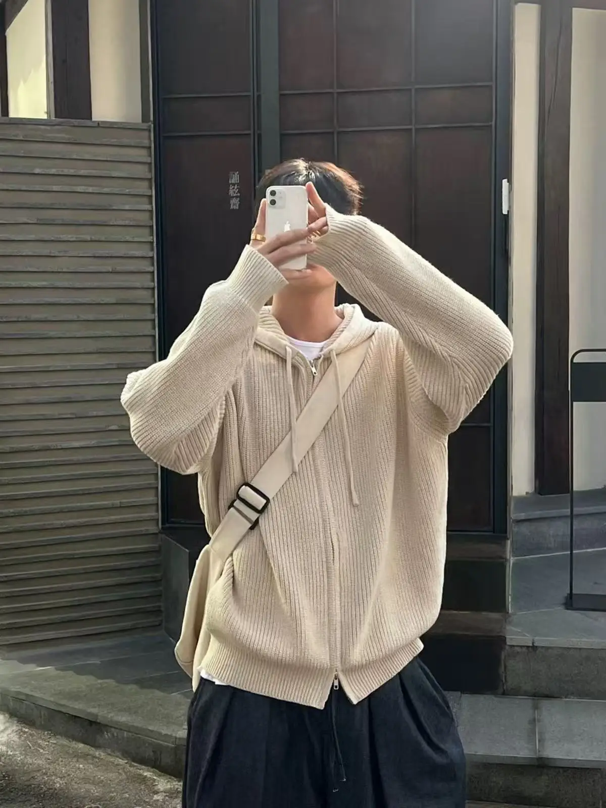 

Men's Knitted Hat Double Zipper Sweater Coat Spring Autumn New Korean Sle Lazy Pure Color Couple Top Loose Fit Long Sve