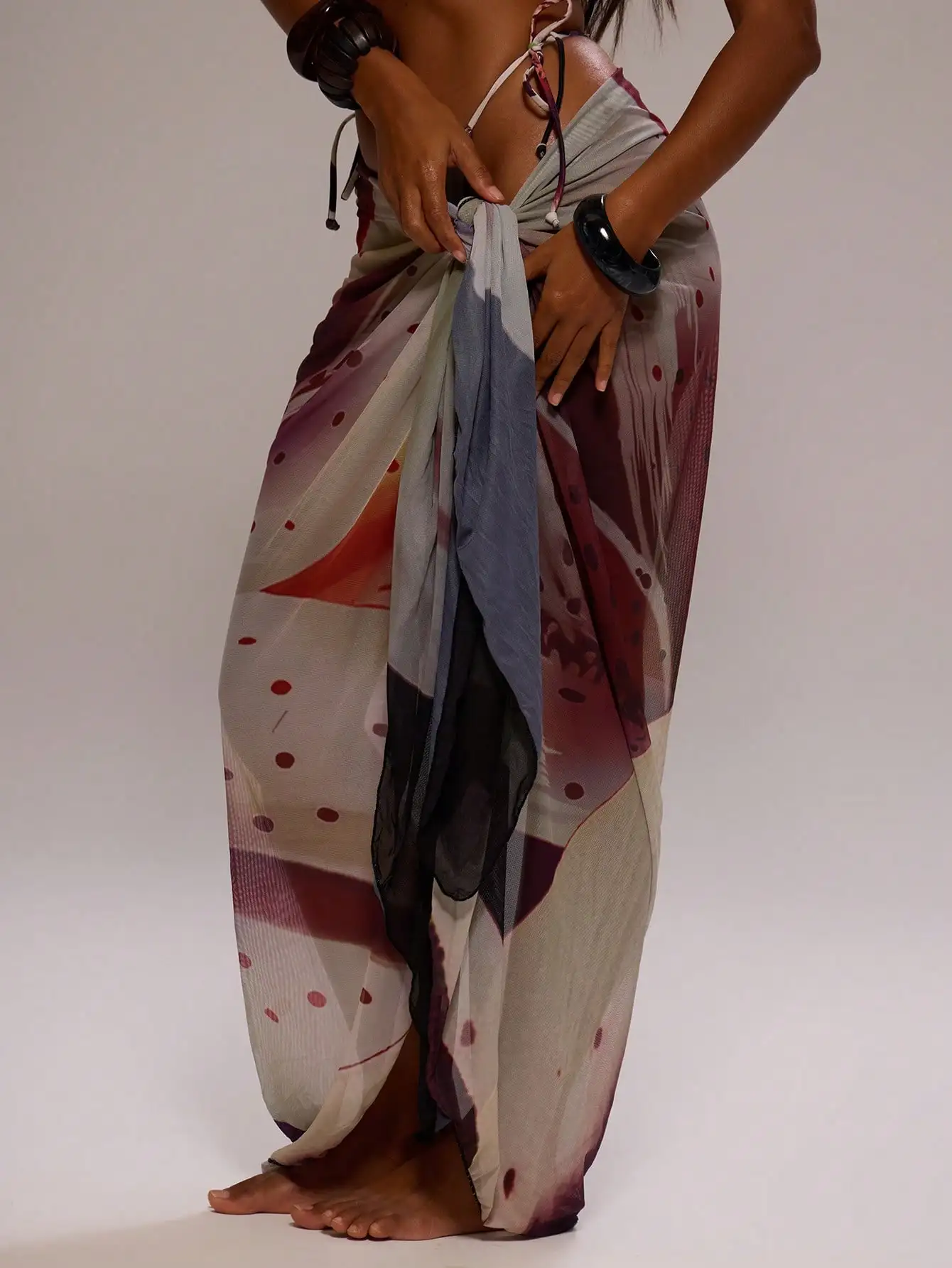 

Sheer Mesh Floral Print Tie Up Sarong Cover Up Beach Wrap Skirt Summer Vacation Boho