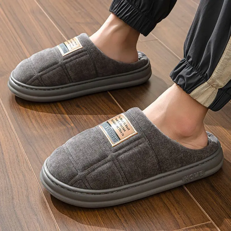 Men Plus Size Winter Warm Cotton Slippers Extra Thick Fleece Lined Non Slip Indoor House Shoes Fashion Couple Home Slippers