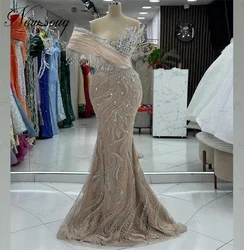 Luxury Champagne Beading Evening Dresses Haute Coutures Crystals Off Shoulder Wedding Party Dress Vestidos De Cóctel Prom Gowns