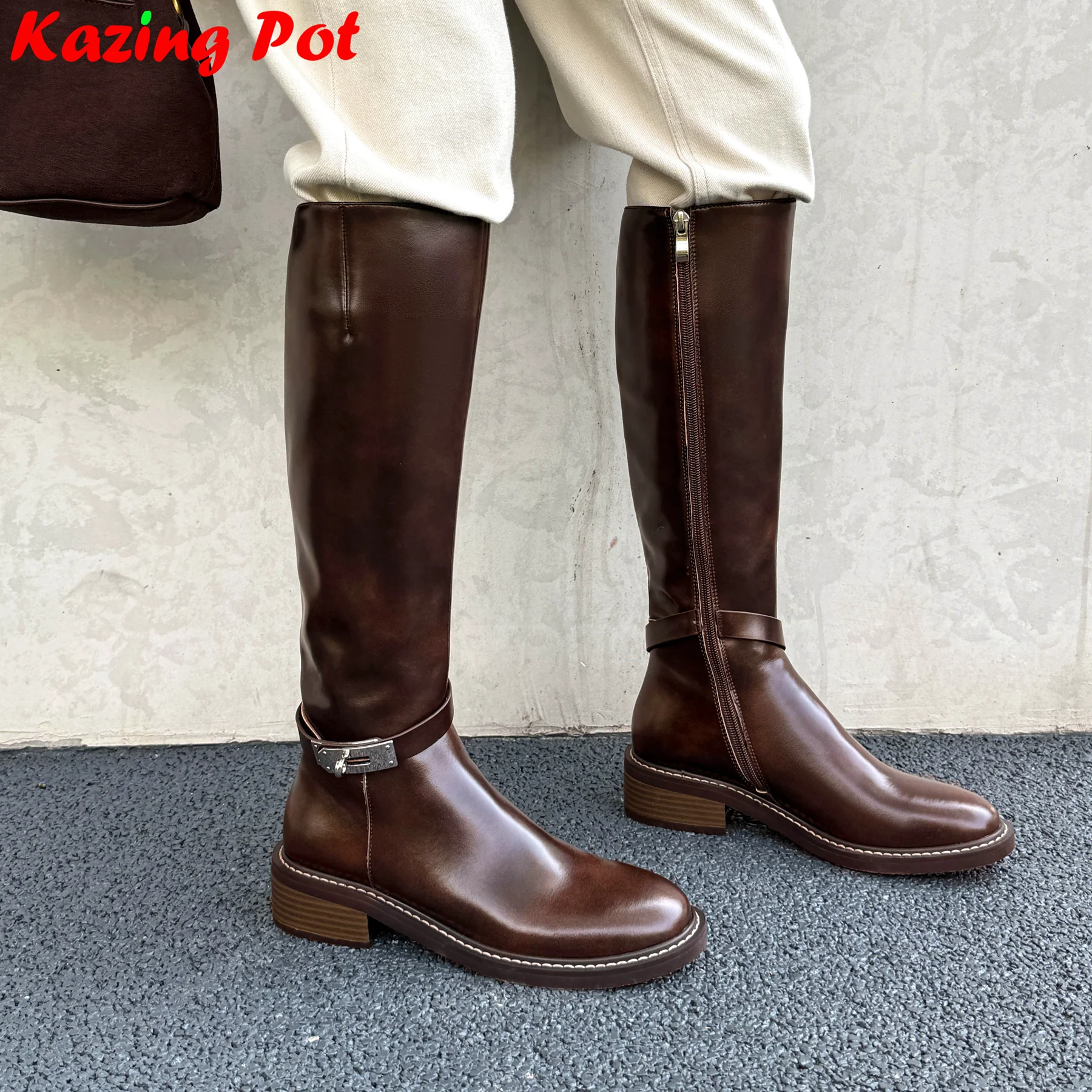 Krazing Pot Cow Split Leather Slip On Luxury Classics Metal Med Heels Modern Boots Winter Fall Ins Vintage Women Knee High Boots