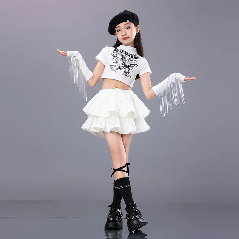 

Kid Hip Hop Clothing White Mock Neck T Shirt Crop Top Fringe Sleeve Layered Pleat Mini Skirt for Girl Jazz Dance Costume Clothes