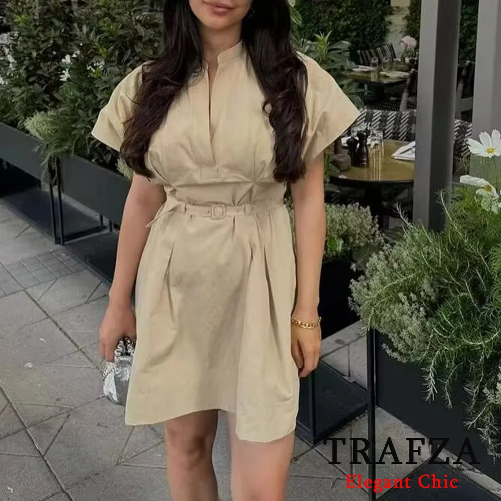 

TRAFZA Vintage Chic Khaki Mini Dress Fashion 2024 Summer V-neck Belts Short Sleeve Pleated Short Dress Office Lady Casual Dress