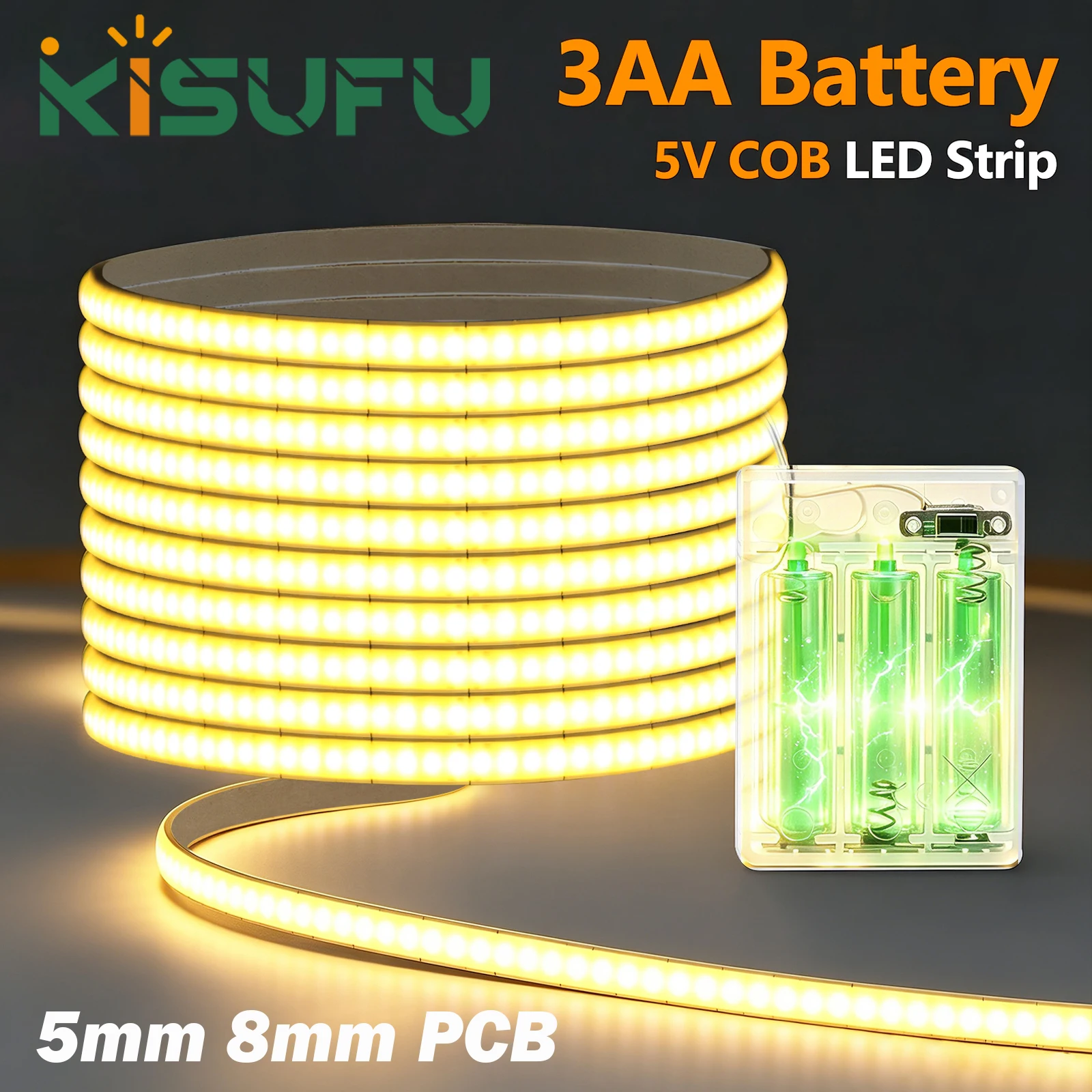 3AA Battery Box COB LED Strip 5V 320LEDs/M High Bright Warm Natural White Blue Red Cabinet Adhesive Night Light 1m 2m 3m 4m 5m