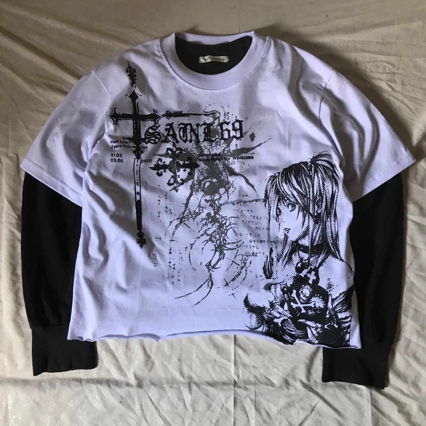 intage Red Cross Graphic Cotton Long Sleeve T‑shirt for Women Retro American Punk Hip‑hop Street Style Oversized Soft Touch Top