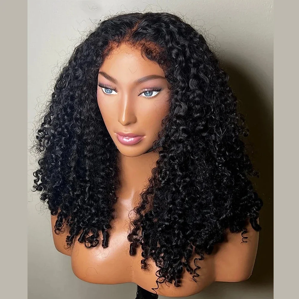 Soft 26Inch 180Density Natural Black Long Glueless Kinky Curly Deep Lace Front Wig For Women With Baby Hair Preplucked Daily