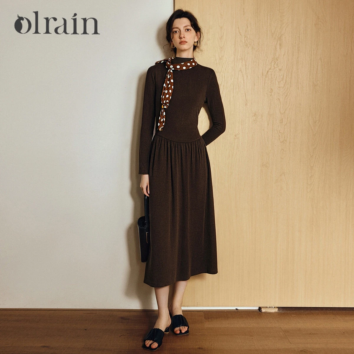 

OLrain Women's Coffee Long Dresses Commute Spliced Polka Dot Ribbon Neck Knit Dress Spring 2026 French Style A-line O57DL002523