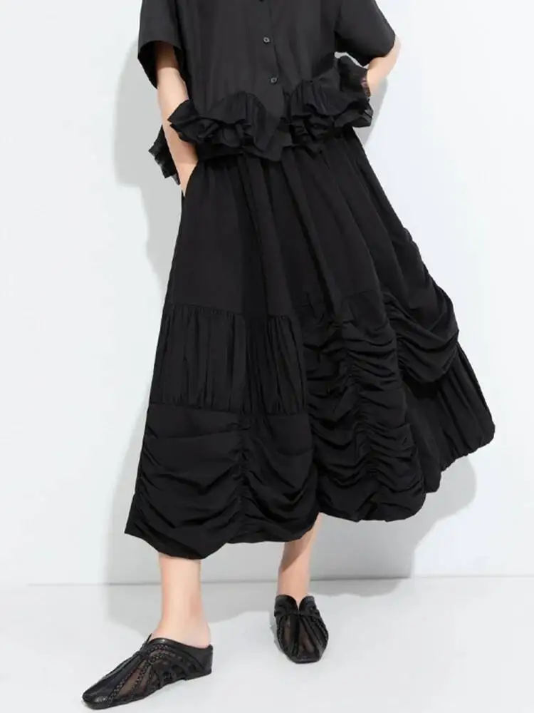 High Elastic Waist Black Pleated Spliced Casual A-line Half-body Skirt Women Fashion Tide New Spring Autumn