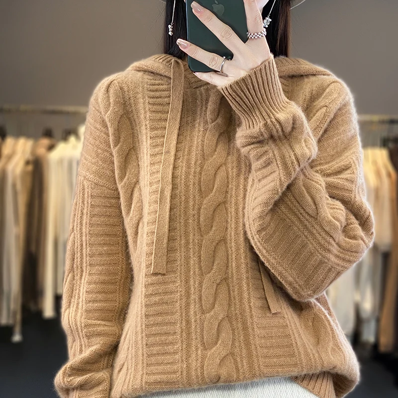 Pull à Capuche en Cachemire 100% Laine Mérinos pour Femme, Haut de Chemise à Col Roulé, Bas Chaud, Nouveauté Automne/Hiver, 107