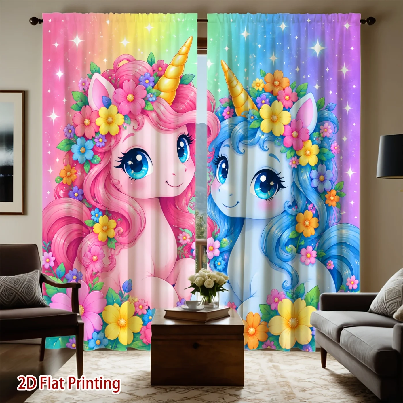 Rainbow Unicorn Curtain Panels, Pink Blue Unicorn Vivid Flower Sparkling Star Print Drapes for Apartment Cute‑tone Living Space