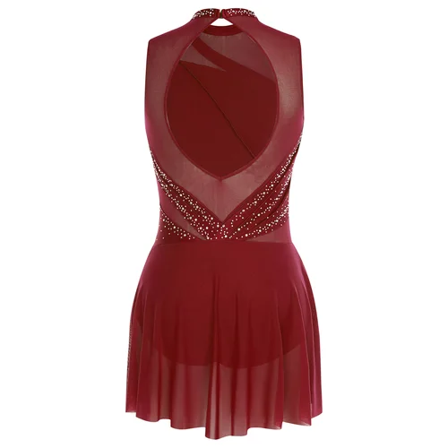 Imagen 2 del producto Vestido de baile lírico de Ballet fruncido para mujer, vestido sin mangas con cuello redondo y espalda descubierta con diamantes de imitación para competición de puesta en escena