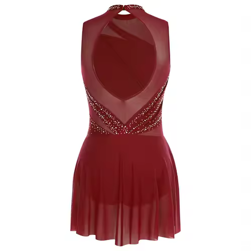 Women Ruched Ballet Lyrical Dancing Dress Round Collar Sleeveless Rhinestone Backless Dress for Stage Performance Competition - Image 2