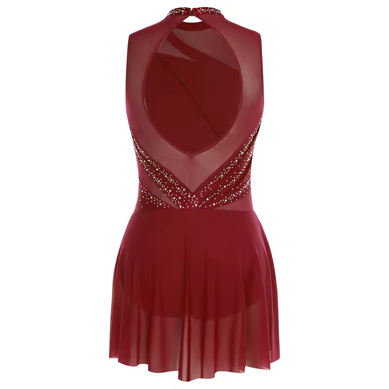 Women Ruched Ballet Lyrical Dancing Dress Round Collar Sleeveless Rhinestone Backless Dress for Stage Performance Competition - Image 2