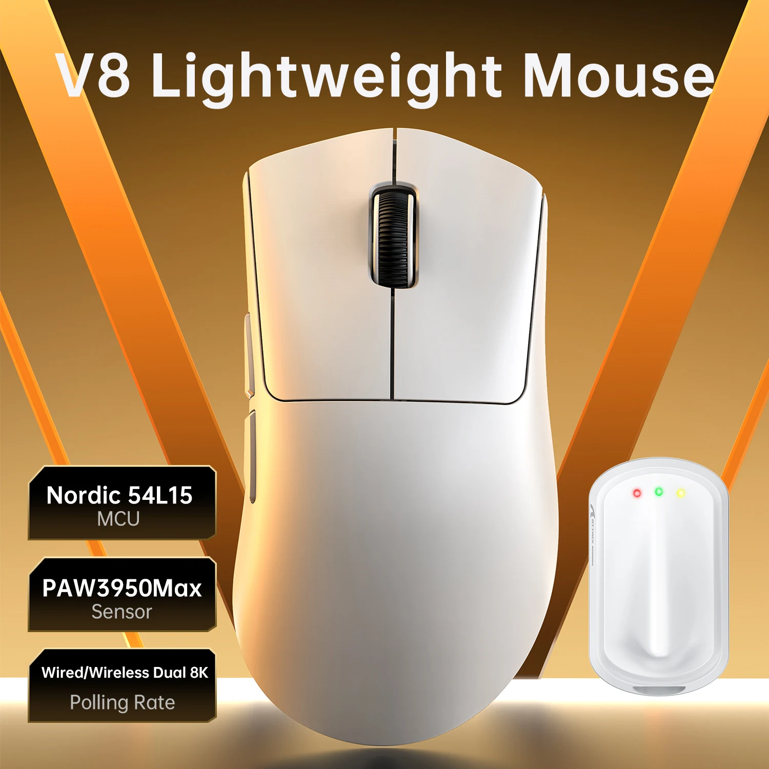 V8 ATTACK SHARK 8KHz Esports Mouse Nordic 54L15 MCU 750IPS 500mAh Ice-Cool Coating PTFE Feet Web Driver Wireless Mouse