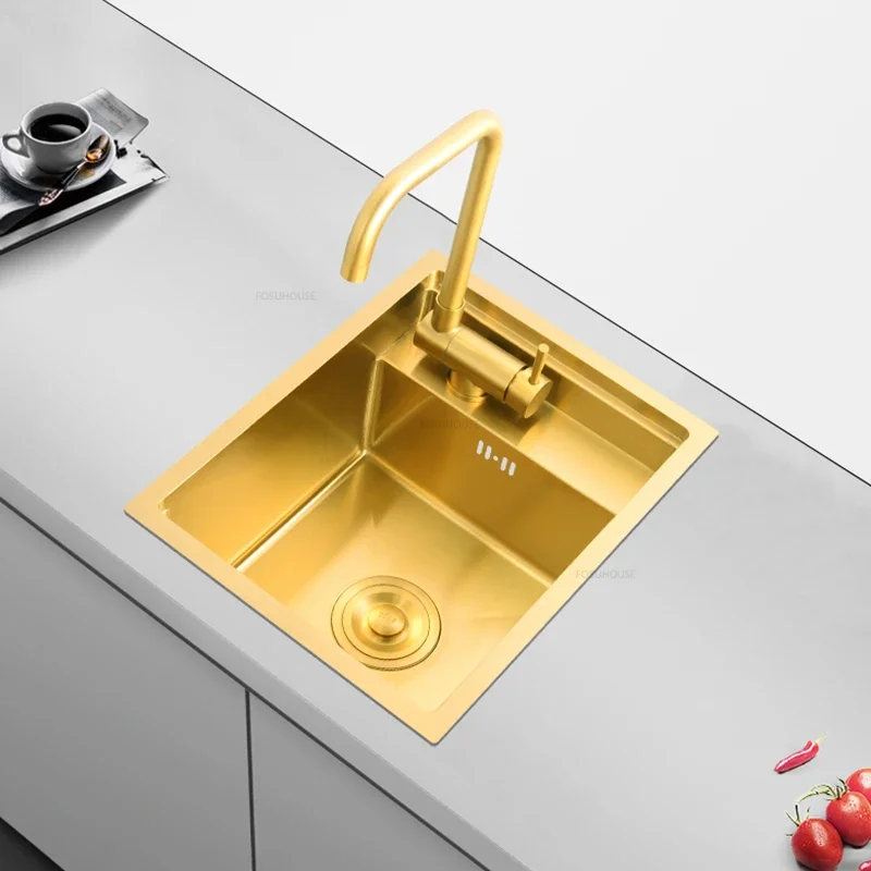 

Light Luxury Golden Kitchen Sinks Modern Kitchen Accessories Creative Bar Invisible Sink with Cover Stainless Steel Single Sink