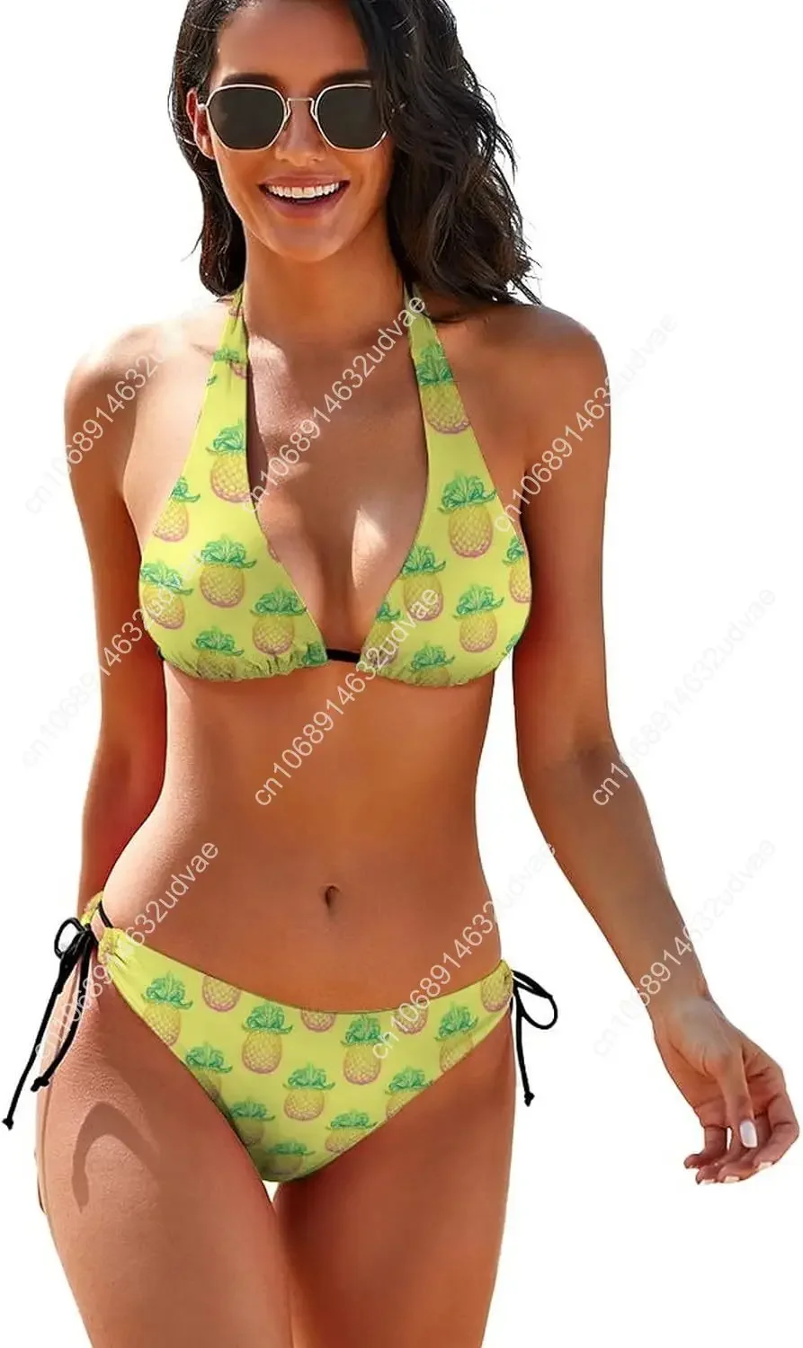 Damesbadpak met ananasprint en driehoekige bikinibadpakken met strikband aan de zijkant