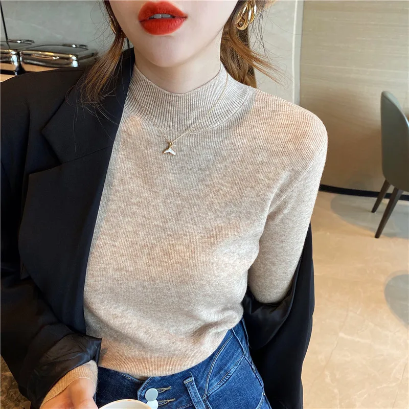 2025 Half High Neck Slim Fit Women's Sweater Autumn/winter Fashion Solid Color Pullover Casual Long Sleeve Knitted Primershirt