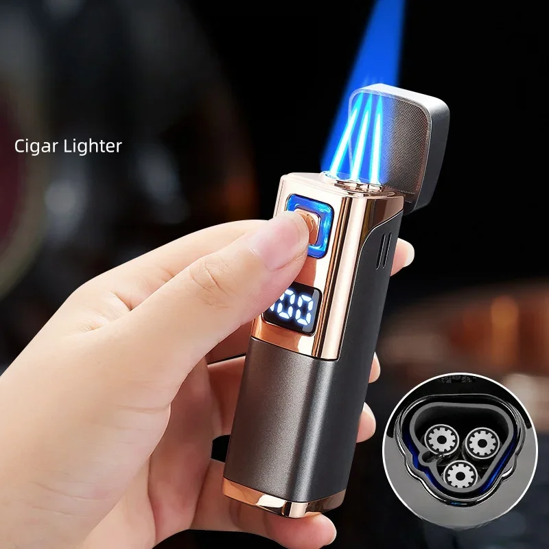 2024 Multi functional Windproof Three Flame Cigar Lighter Visual Gas Window Digital Battery Display Gas Type-C Electric Lighters