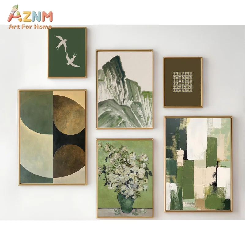 AZNM Sage Green Neutral Boho Canvas Poster Frameless Wall Art Abstract Geometric Mountain White Flower Swallow Vintage Print For