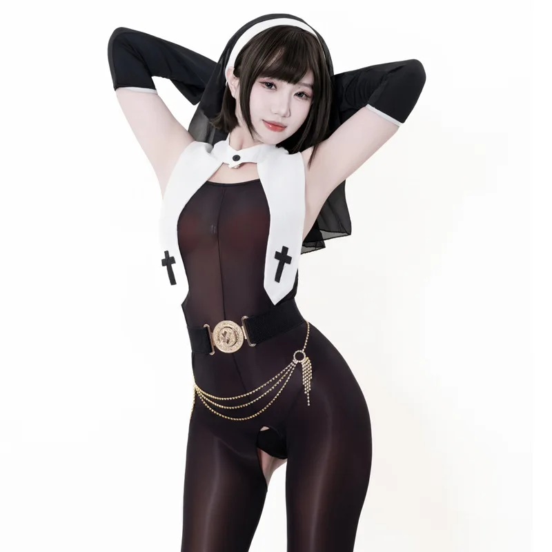 

Новый женский сексуальный костюм монахини для ролевых игр, эротическое белье для взрослых на Хэллоуин, косплей-костюм сестры, откровенный наряд с открытой промежностью