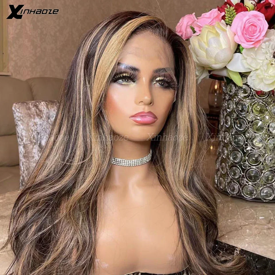 Glueless Full Lace Wig com elástico, Honey Blonde Highlights, marrom escuro, enraizado, HD, invisível, transparente