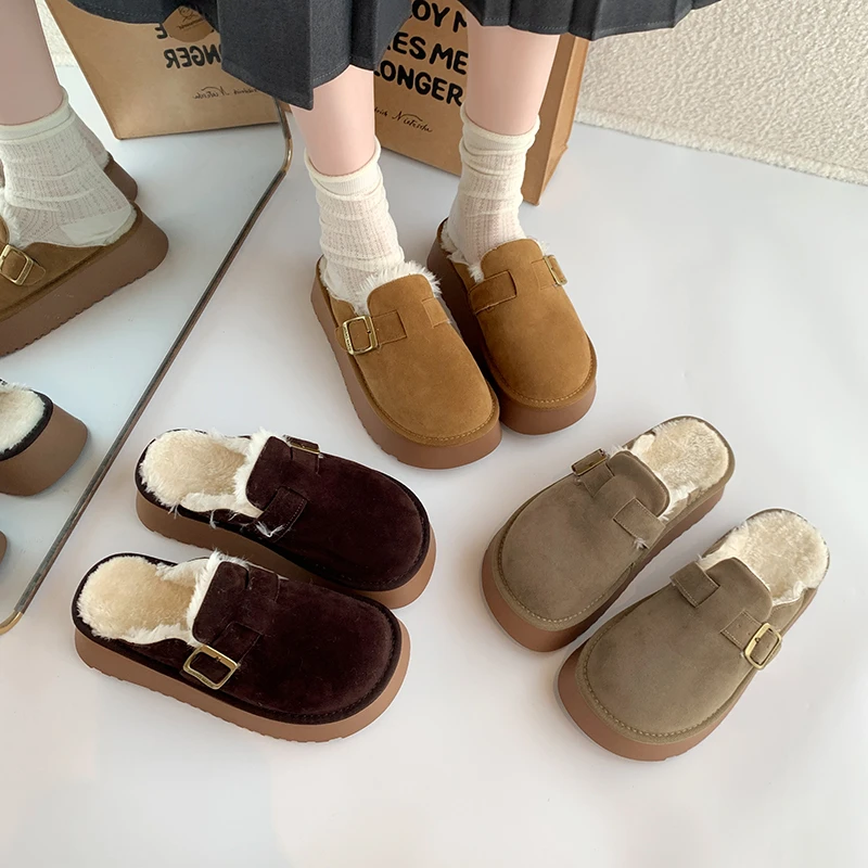 

2025 New Women's Thick Bottom Heightening Winter Cotton Slippers Half Slip Rubber Bottom Flat Slippers Spring Autumn
