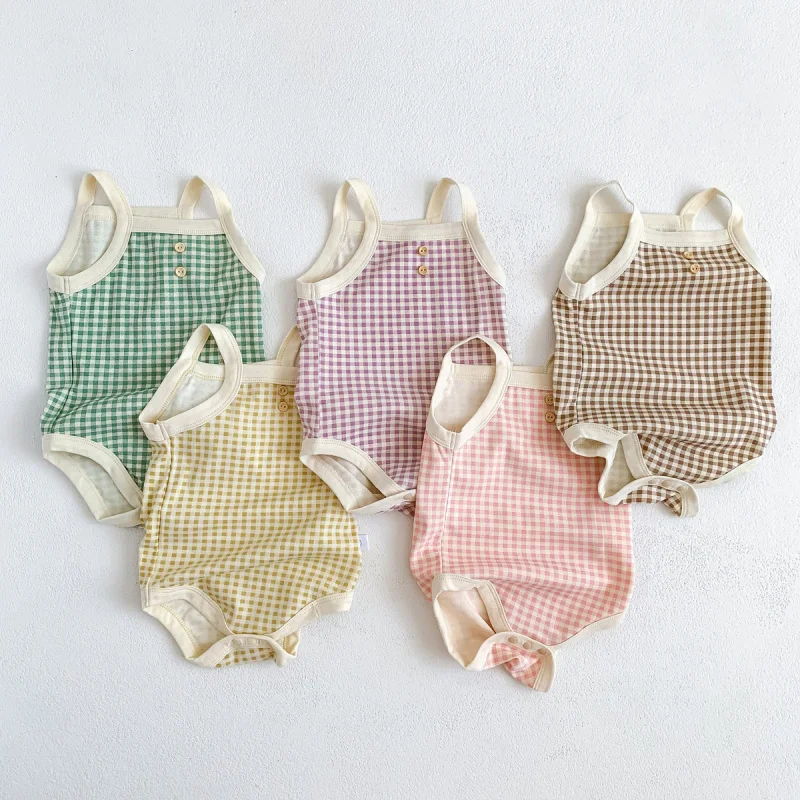 INS Baby Romper for Children's Clothing Kids Sling Plaid Bag Fart Clothing Triangle Harem Baby Boys Vest Girls Crawling Clothing