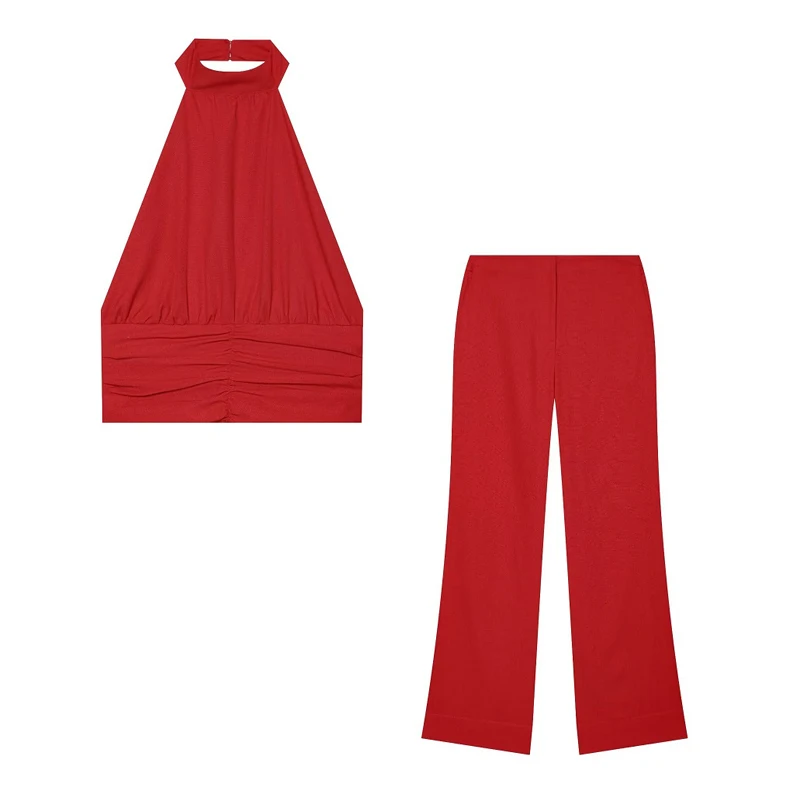 MUJER Rotes Gerades Hosen-Set 2-teilig Damen Sommer Niedrige Taille Damenhosen-Anzug Neckholder Crop Top Damen-Outfit Urlaubshose – Detail 3