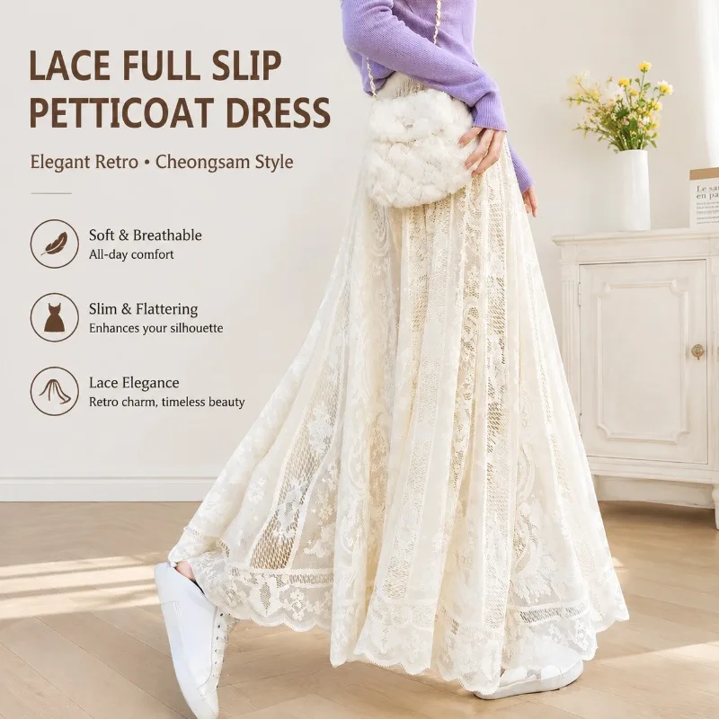 Hollow Lace Long Slim Underskirt French Retro Qipao White Half‑Skirt Inner Brightening Blouse Ruffled Hem Mini Overlay Skirt