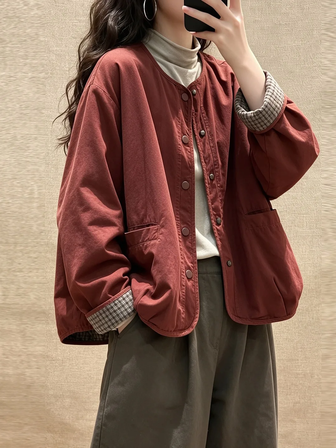 Casual Cotton round Neck Outerwear Women's Fashion Plaid Print Loose Fit Sweatshirt Jacket Style Home Wear Autumn Season