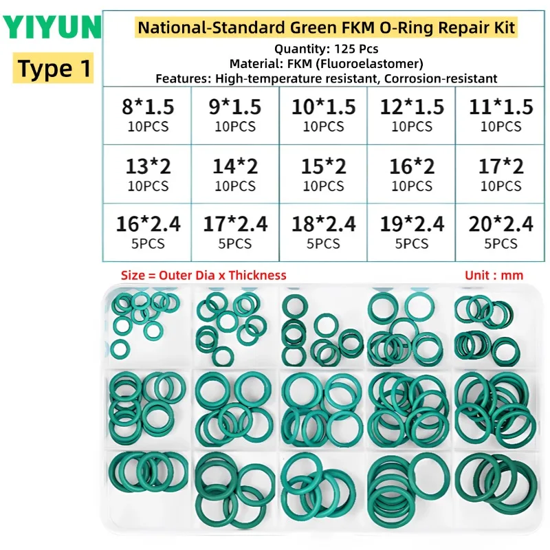 1 Set 125-150pcs Green FKM O‑Ring Kit Thickness 1mm 1.5mm 2mm 2.4mm x Outer Diameter 4-22mm Heat Corrosion Resistant Gaskets