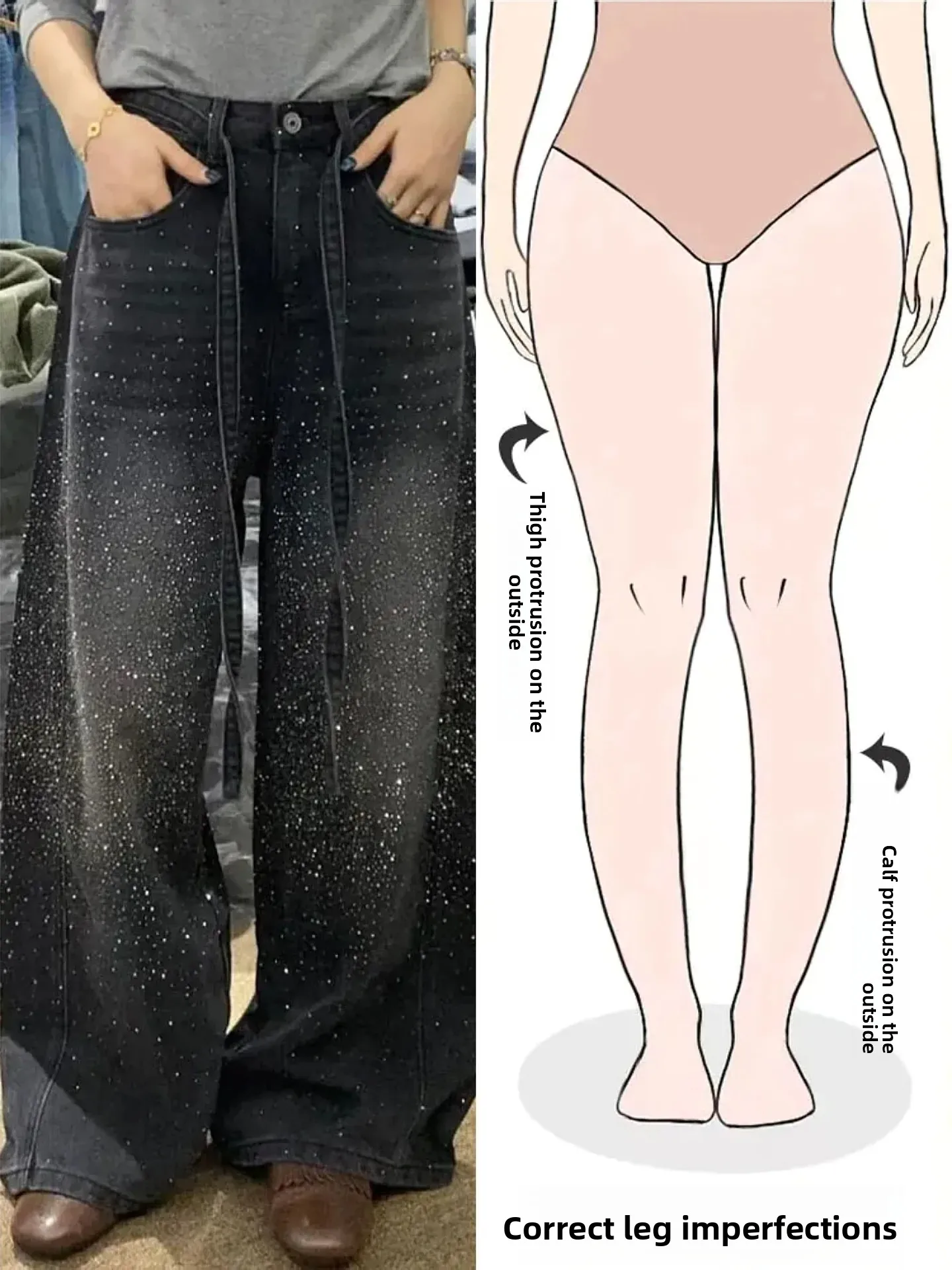 

Ретро-джинсы с широкими штанинами и стразами в американском стиле для женщин, для фигуры типа «груша», уличный стиль, осенняя новинка, модные утягивающие брюки