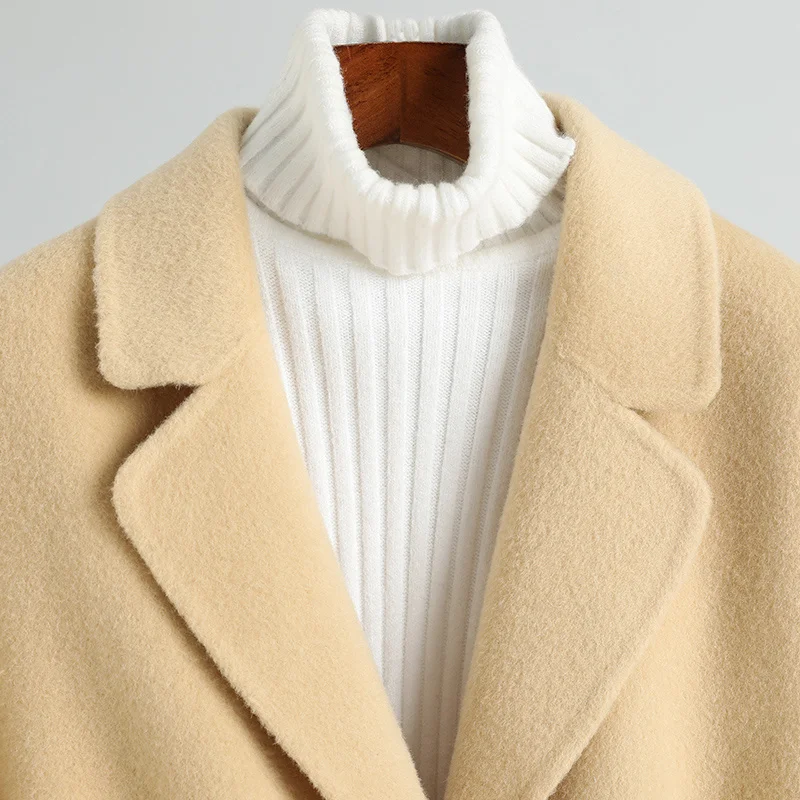 2023 Light Yellow Cashmere Coat for Women New High-end Lace Up 100 Pure Wool Double-sided Woolen Coat Hepburn Style