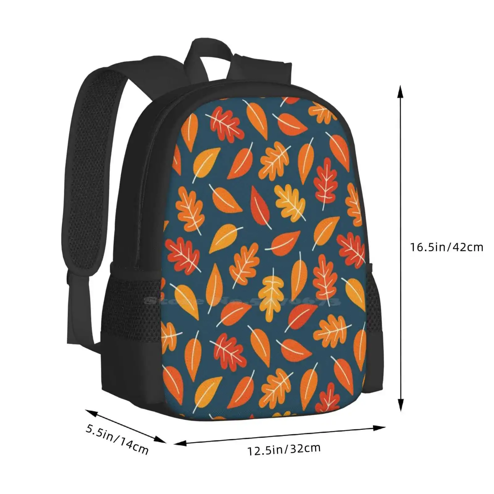 Retro Autumn Leaves On Indigo Blue New Arrivals Unisex Bags Student Bag Backpack Autumn Leaves Falling Harvest Festival Orange