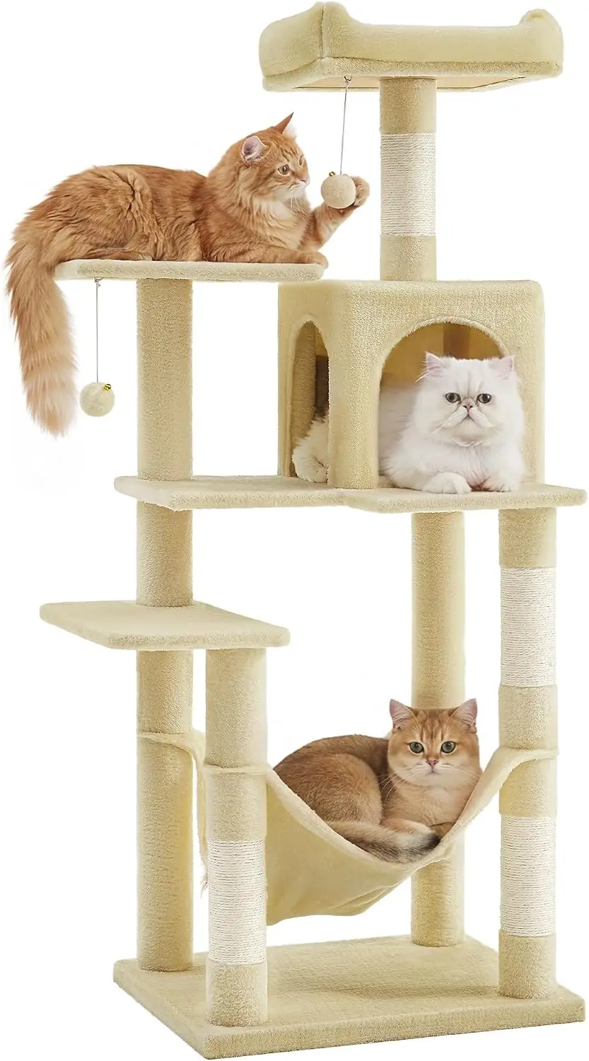 Multi-Level Indoor Cat Tree and Tower Featuring Sisal Scratching Posts, Condo, and Hammock, Beige