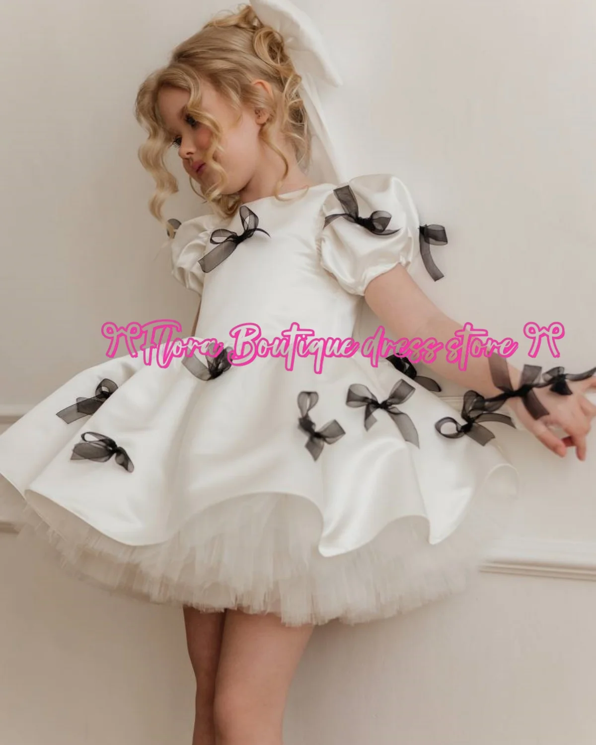 Flower Girl Dress Satin Tulle Puffy Bow Short Sleeve For Wedding Birthday Prom Pageant Holy Communion Gown Parties Customized