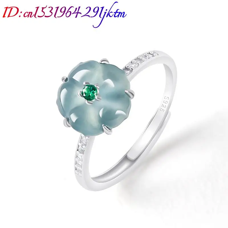 Blue Burmese Jadeite Flower Rings 925 Silver Natural Burmese Jade Luxury Talismans Fashion Accessories Gifts for Women