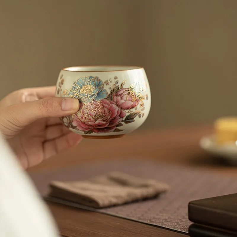 Ceramic national color and natural fragrance peony gold-painted tea cup Ru kiln kung fu tea cup single cup Chinese personal use