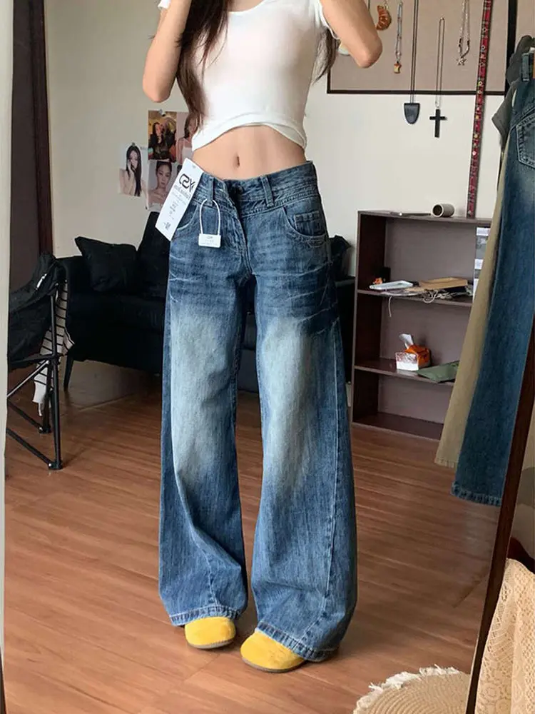 

Low Waist Wide Leg Denim Pants Women's Retro Style Bootcut Jeans Draping Feel Floor Length Trousers Casual Cotton Denim