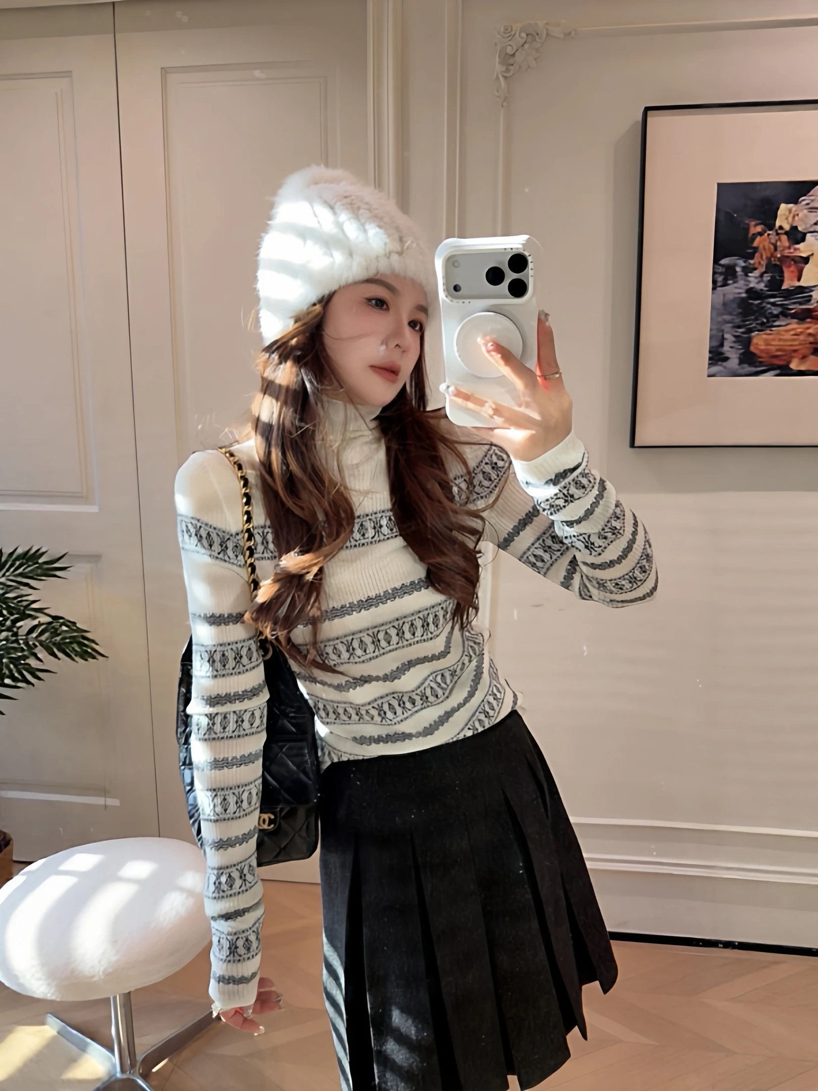 

PINZIKO Vintage High Ne Knitted Sweater Woolen Fair Isle Pattern Slimming Versatile Striped Women's Long Sve Top